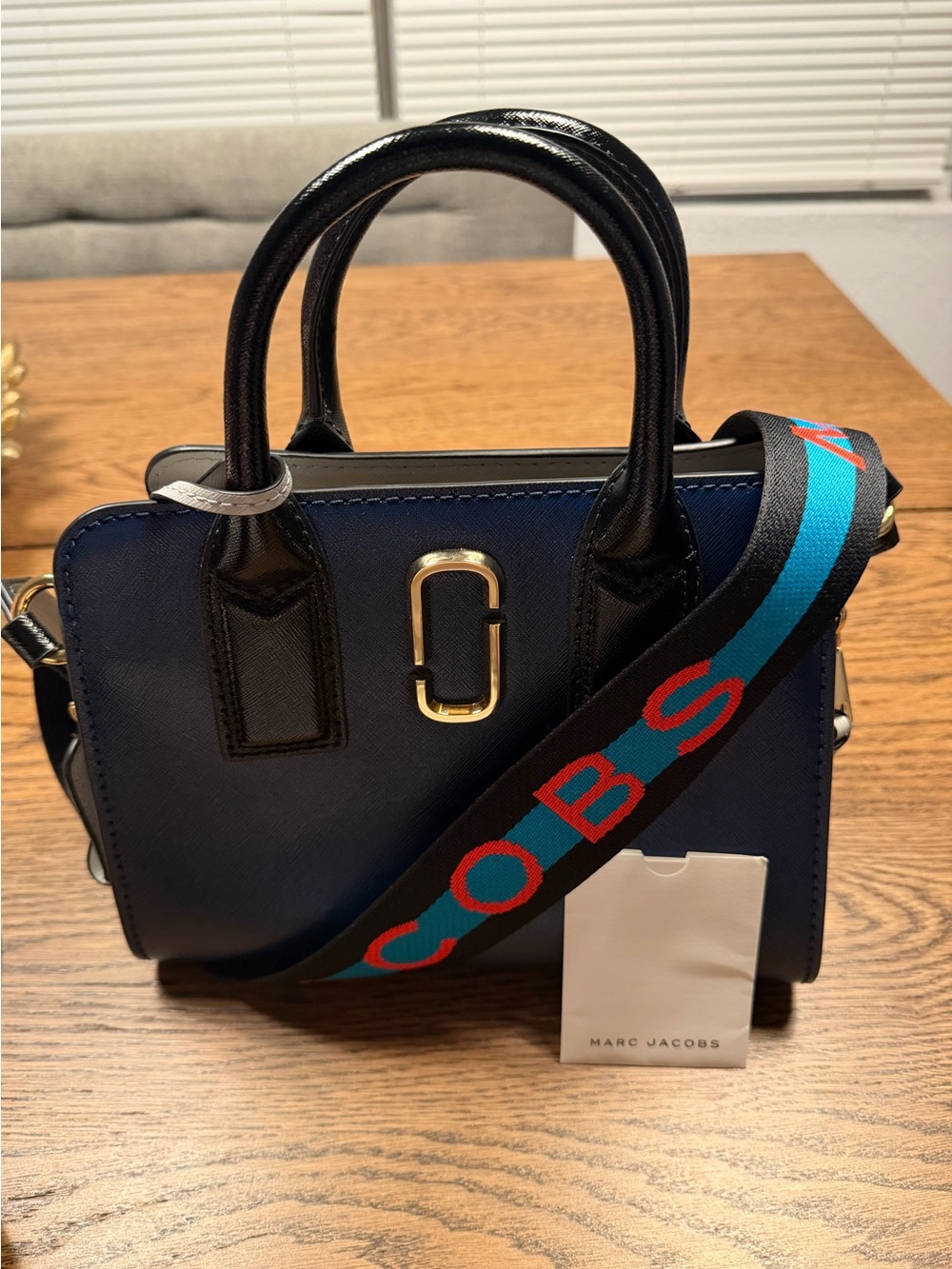 Marc Jacobs Navy Saffiano Leather Mini Satchel with Webbing Strap